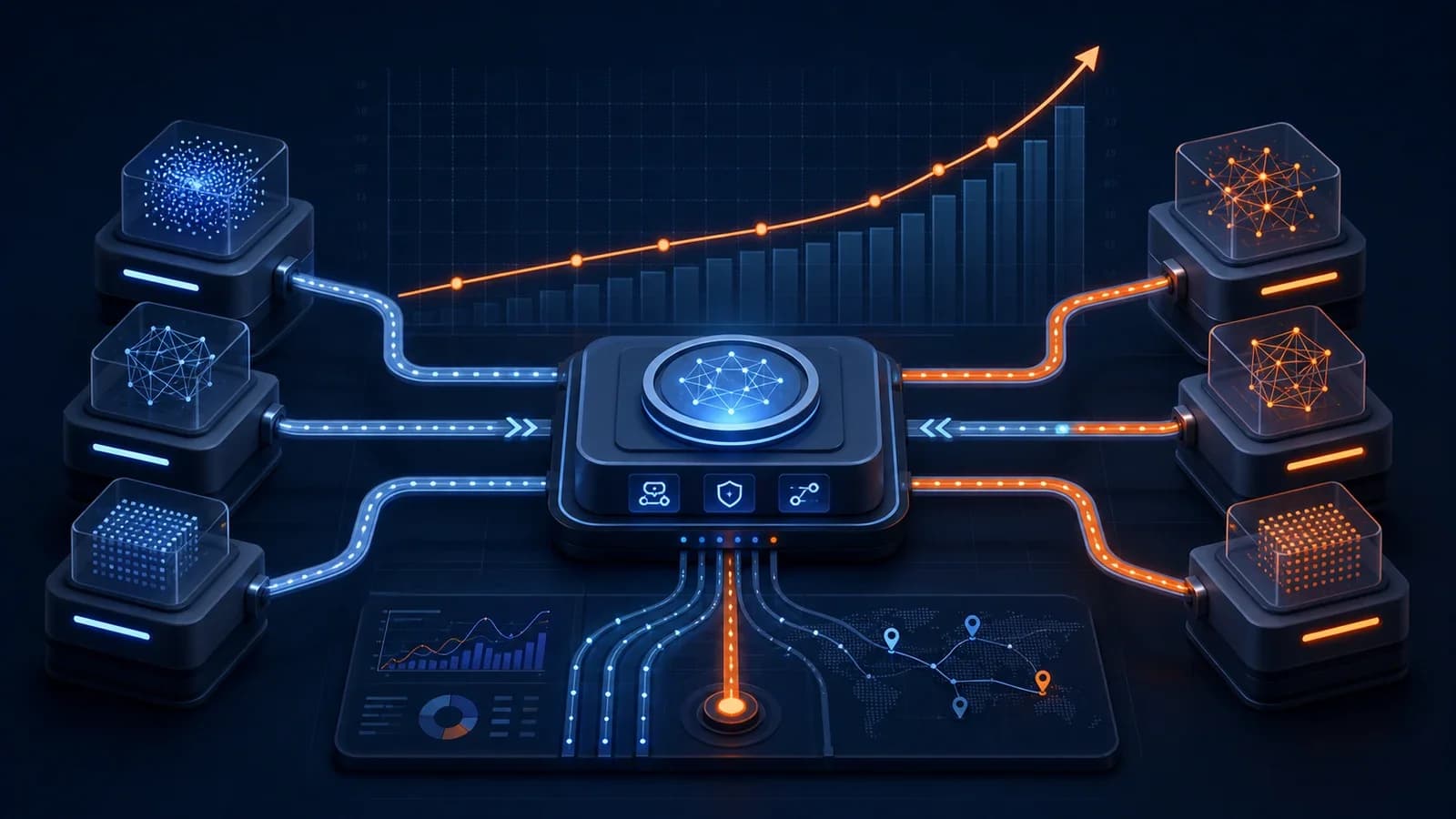 Abstract AI routing core connecting interchangeable model providers